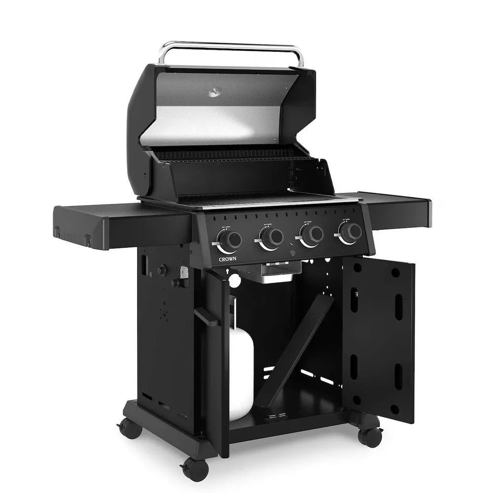 Broil King Crown 410 Shadow 4 burner gas grill with open cabinet
