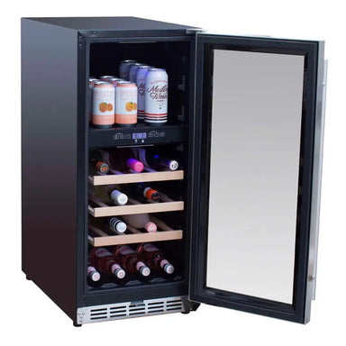 Summerset RFR-15WD dual zone wine refrigerator open, showing wood shelves, bottles, and cans.