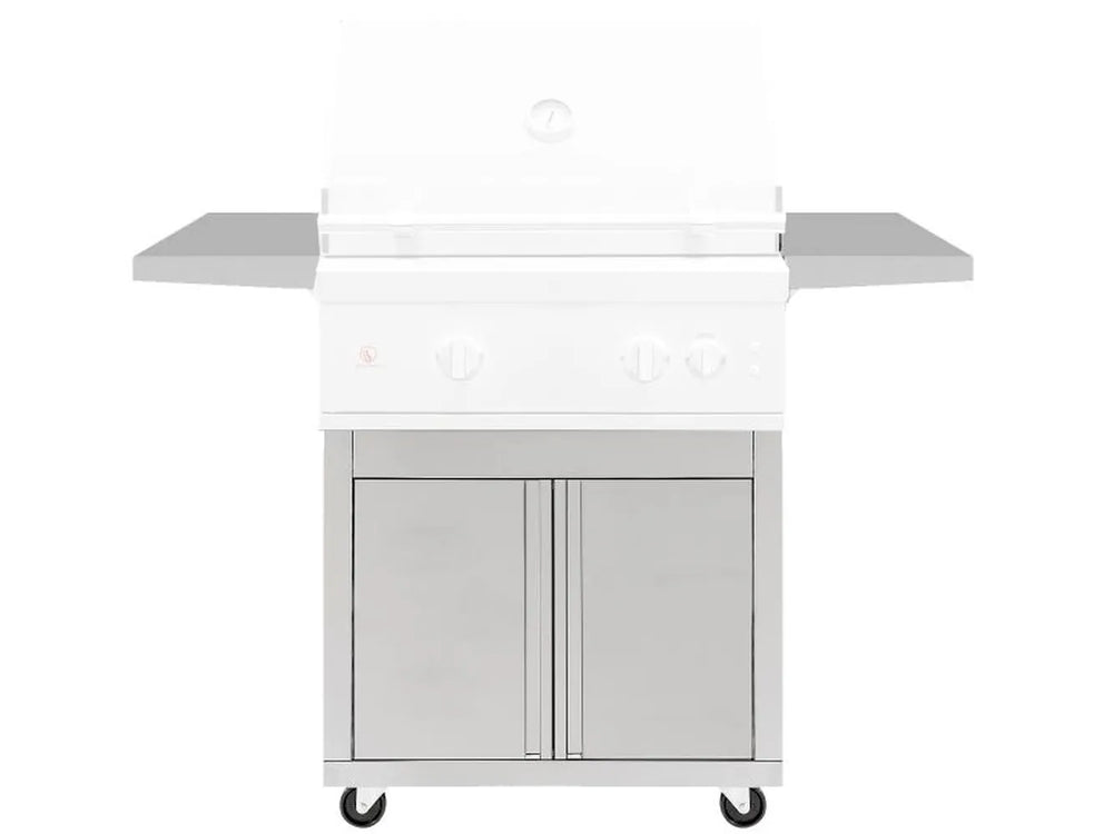 Summerset Quest 30-inch Deluxe Grill Cart, front view with stainless steel grill inserted, folding side shelves extended, and double cabinet doors.
