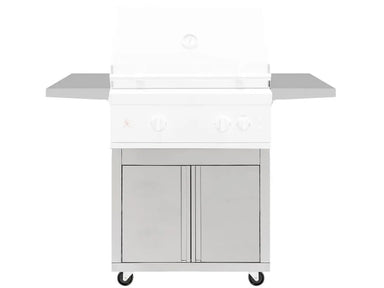 Summerset Quest 30-inch Deluxe Grill Cart, front view with stainless steel grill inserted, folding side shelves extended, and double cabinet doors.