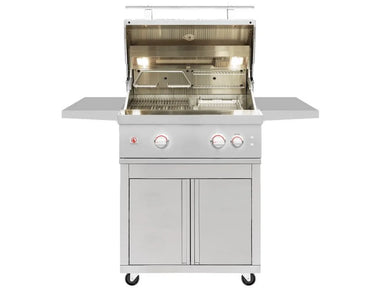 Summerset Grill Cart, lid open showing the stainless steel cooking grates, interior lights, and the double storage doors.