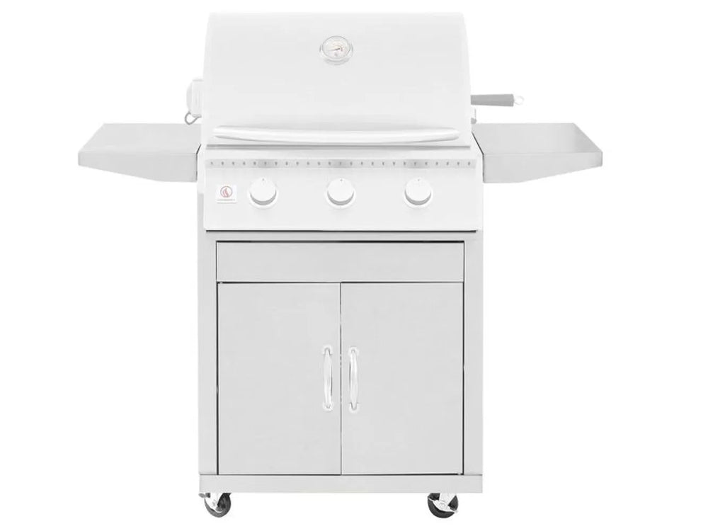 Summerset Sizzler 25-inch Grill Cart, front view of 443 stainless steel cabinet with double storage doors and folding side shelves.
