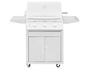 Summerset Sizzler 25-inch Grill Cart, front view of 443 stainless steel cabinet with double storage doors and folding side shelves.