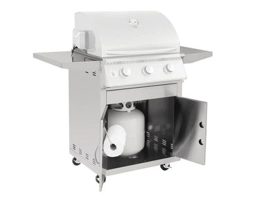 Summerset Sizzler 25" Cart cabinet open, revealing interior storage for propane gas tank and built-in paper towel holder accessory.