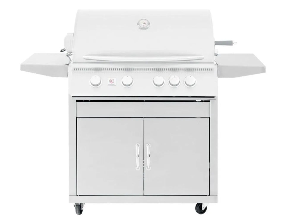 Summerset Sizzler 32-inch Grill Cart, front view of 443 stainless steel cabinet with double storage doors and folding side shelves.