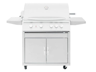 Summerset Sizzler 32-inch Grill Cart, front view of 443 stainless steel cabinet with double storage doors and folding side shelves.