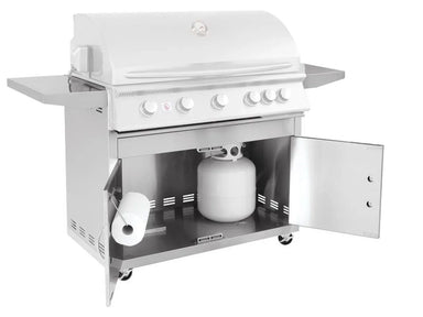 Summerset Sizzler 32" Cart cabinet open, revealing interior storage for propane gas tank, paper towel holder, and vented base.