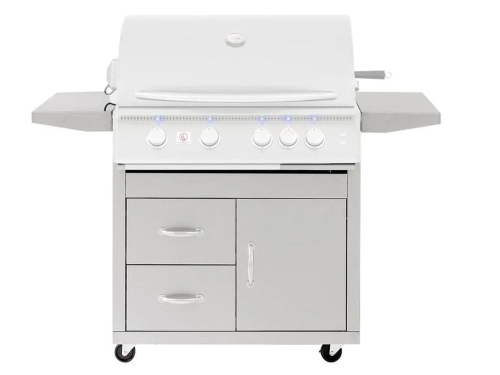 Summerset Sizzler Pro 32-inch Grill Cart, front view of 443 stainless steel cabinet with two storage drawers, door, and folding side shelves.