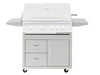 Summerset Sizzler Pro 32-inch Grill Cart, front view of 443 stainless steel cabinet with two storage drawers, door, and folding side shelves.