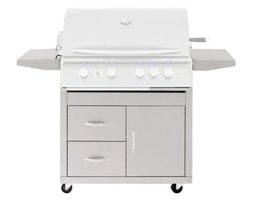 Summerset Sizzler Pro 32-inch Grill Cart, front view of 443 stainless steel cabinet with two storage drawers, door, and folding side shelves.