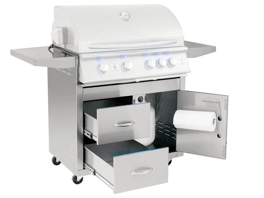 Summerset Sizzler Pro 32" Cart cabinet open, revealing interior storage with two full-extension drawers and built-in paper towel holder.