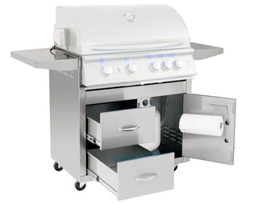 Summerset Sizzler Pro 32" Cart cabinet open, revealing interior storage with two full-extension drawers and built-in paper towel holder.
