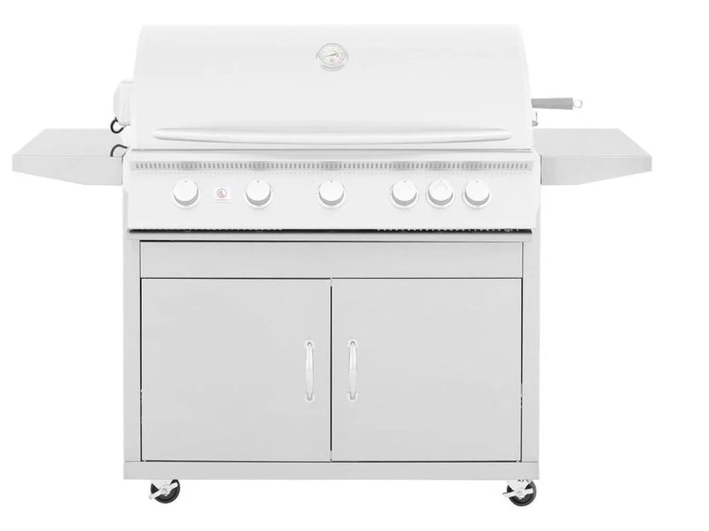 Summerset Sizzler 40-inch Grill Cart, front view of 443 stainless steel cabinet with double storage doors and large folding side shelves.