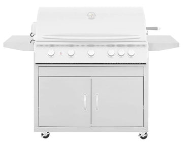 Summerset Sizzler 40-inch Grill Cart, front view of 443 stainless steel cabinet with double storage doors and large folding side shelves.