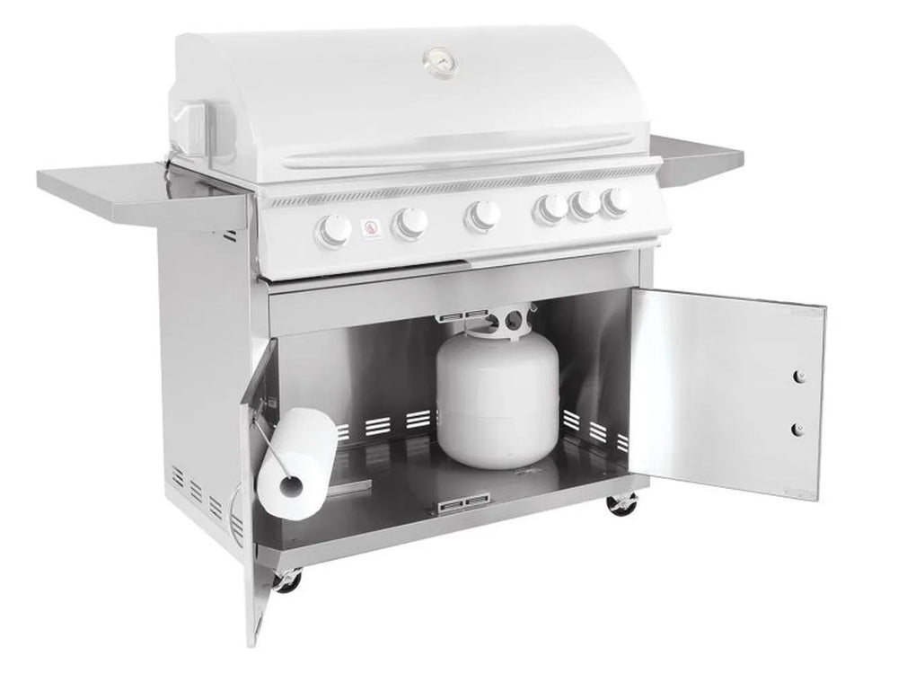 Summerset Sizzler 40" Cart cabinet open, revealing interior storage for propane gas tank, paper towel holder, and vented base.