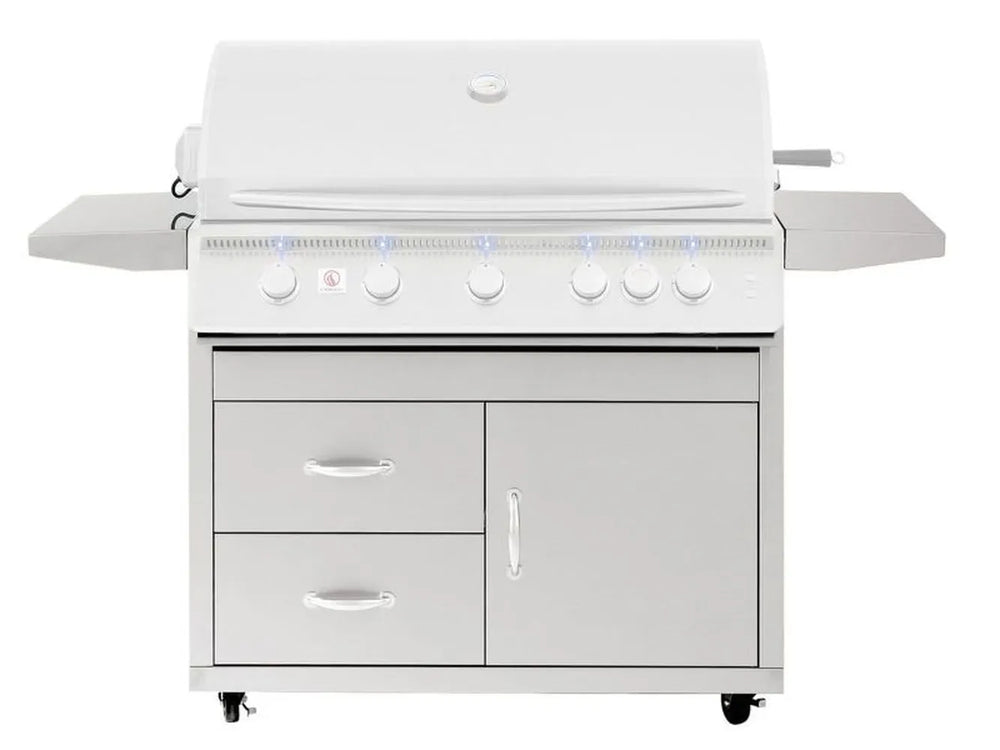 Summerset Sizzler Pro 40-inch Grill Cart, front view of 443 stainless steel cabinet with two storage drawers, cabinet door, and folding side shelves.