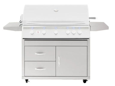 Summerset Sizzler Pro 40-inch Grill Cart, front view of 443 stainless steel cabinet with two storage drawers, cabinet door, and folding side shelves.