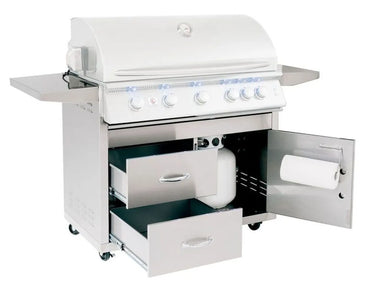 Summerset Sizzler Pro 40" Cart cabinet open, revealing interior storage with two full-extension drawers and built-in paper towel holder accessory.