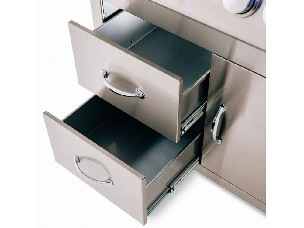 Close-up of two open full-extension drawers with chrome handles on the large Summerset Sizzler Pro 40-inch stainless steel cart.