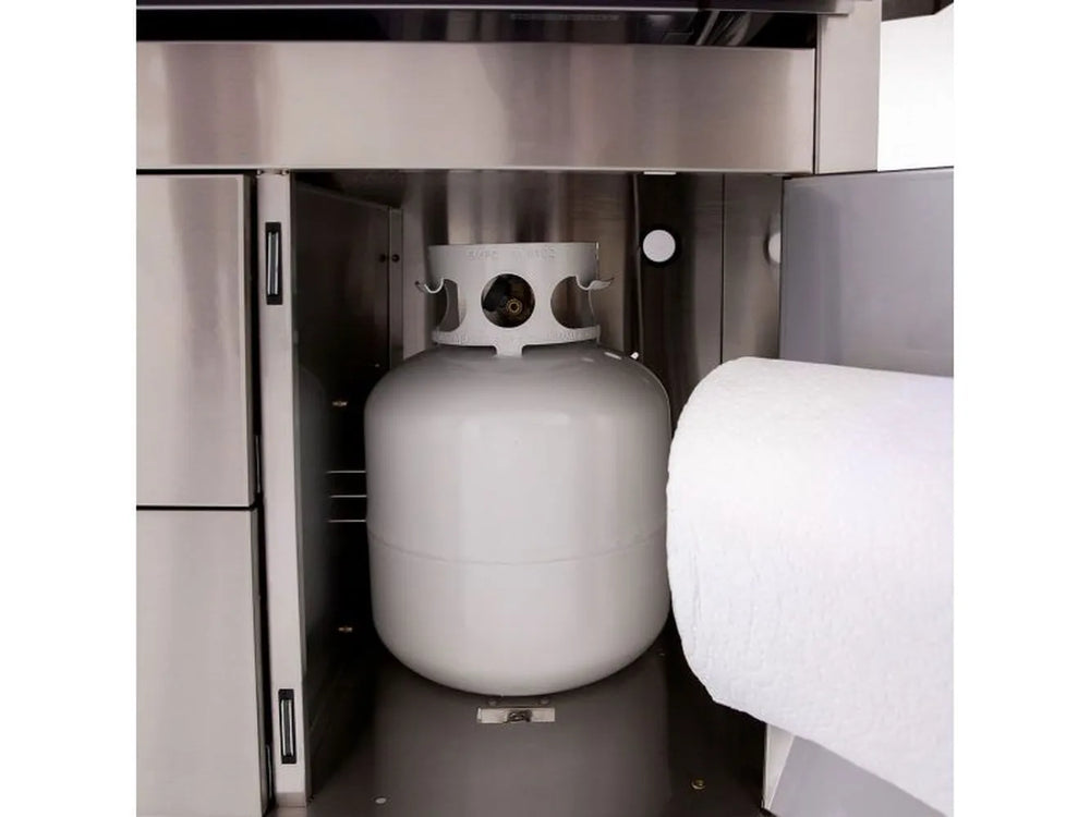 Interior storage space of Summerset Sizzler Pro 40-inch Cart, showing propane tank and paper towel holder accessory.