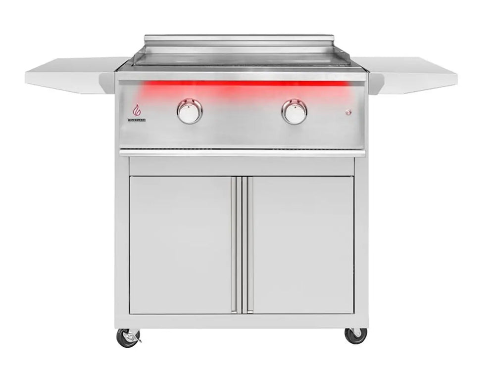 Front view of True Flame freestanding outdoor griddle with two red LED-lit knobs, dual side shelves, and storage cabinet base on wheels.