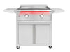 Front view of True Flame freestanding outdoor griddle with two red LED-lit knobs, dual side shelves, and storage cabinet base on wheels.