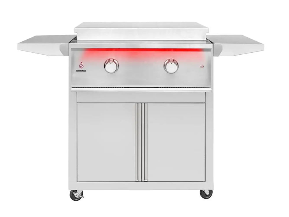 True Flame freestanding griddle with closed lid, two red LED-lit control knobs, side shelves, and enclosed storage base.