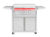 True Flame freestanding griddle with closed lid, two red LED-lit control knobs, side shelves, and enclosed storage base.