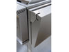 Close-up of True Flame griddle's side shelf with corner bracket detailing and stainless steel construction.