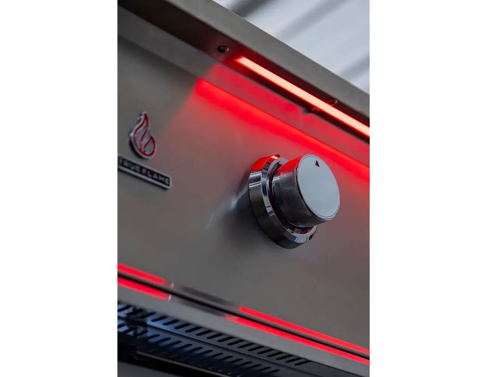 Close-up of True Flame grill control knob with red LED lighting and stainless steel finish.