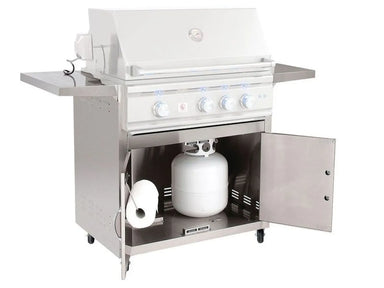 Summerset TRL 32" Gas Grill Cart cabinet opened, showing two pull-out drawers and paper towel holder accessory.