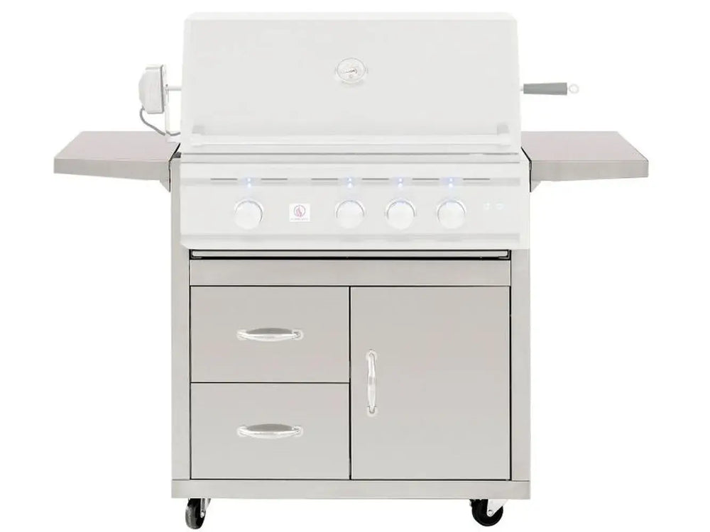 Summerset TRL 32-inch Deluxe Grill Cart, front view of 304 stainless steel cabinet with two storage drawers, cabinet door, and folding side shelves.
