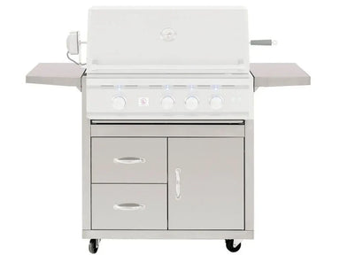 Summerset TRL 32-inch Deluxe Grill Cart, front view of 304 stainless steel cabinet with two storage drawers, cabinet door, and folding side shelves.