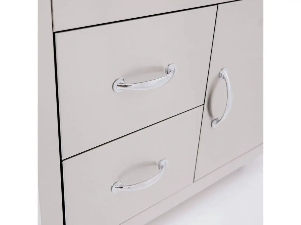 Close-up of the powder-coated cabinet doors and drawers with chrome handles on the Summerset TRL 32-inch grill cart.