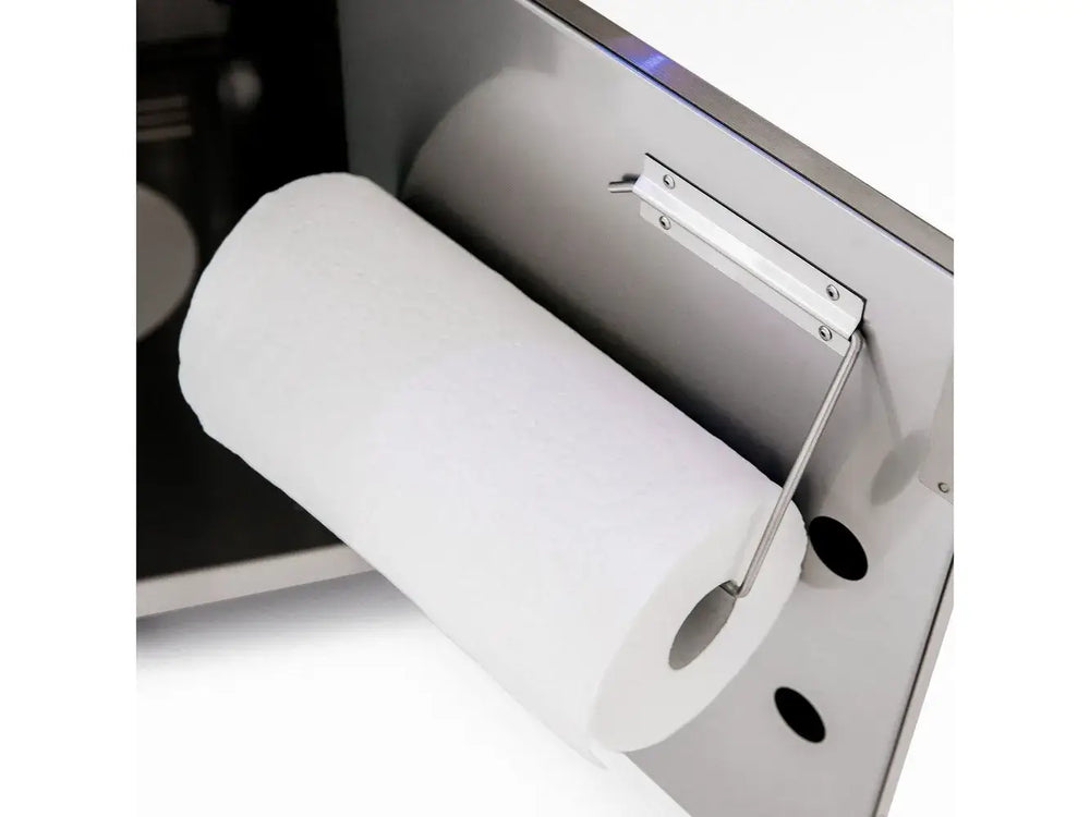 Interior view of the heavy-duty paper towel holder accessory mounted inside the Summerset TRL 32" Deluxe Grill Cart.