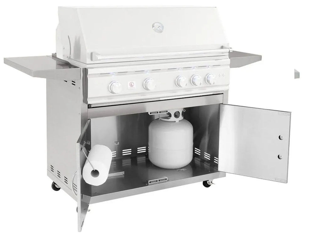Summerset TRL 40" Gas Grill Cart cabinet opened, showing propane gas tank storage, paper towel holder, and vented interior.