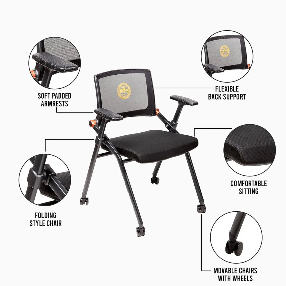 Triton folding poker chair with padded armrests, mesh back support, cushioned seat, and caster wheels.