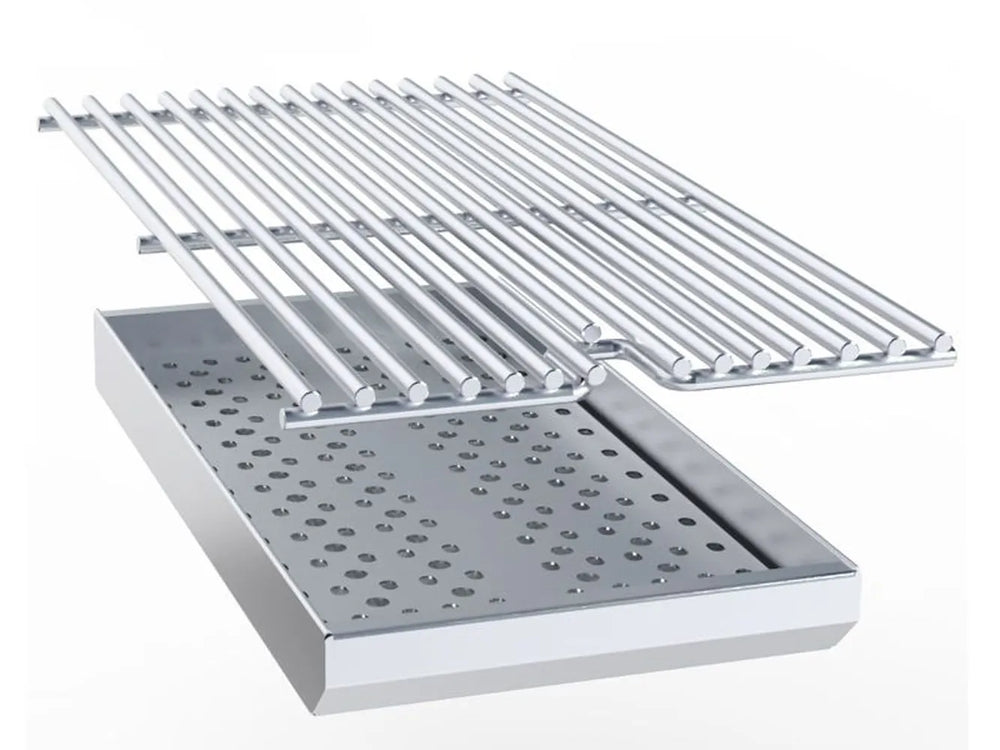 Stainless grill grate positioned above Sunstone perforated charcoal tray, showing how the tray sits under cooking grates.
