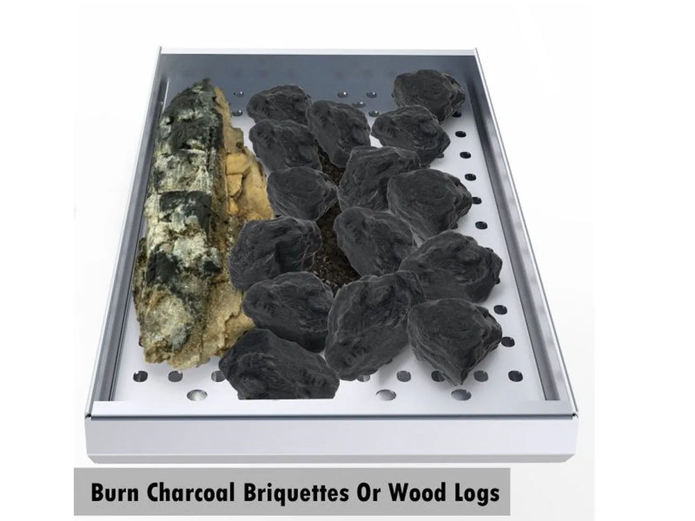 Sunstone charcoal smoking tray loaded with charcoal briquettes and a wood log, demonstrating dual-fuel smoking.