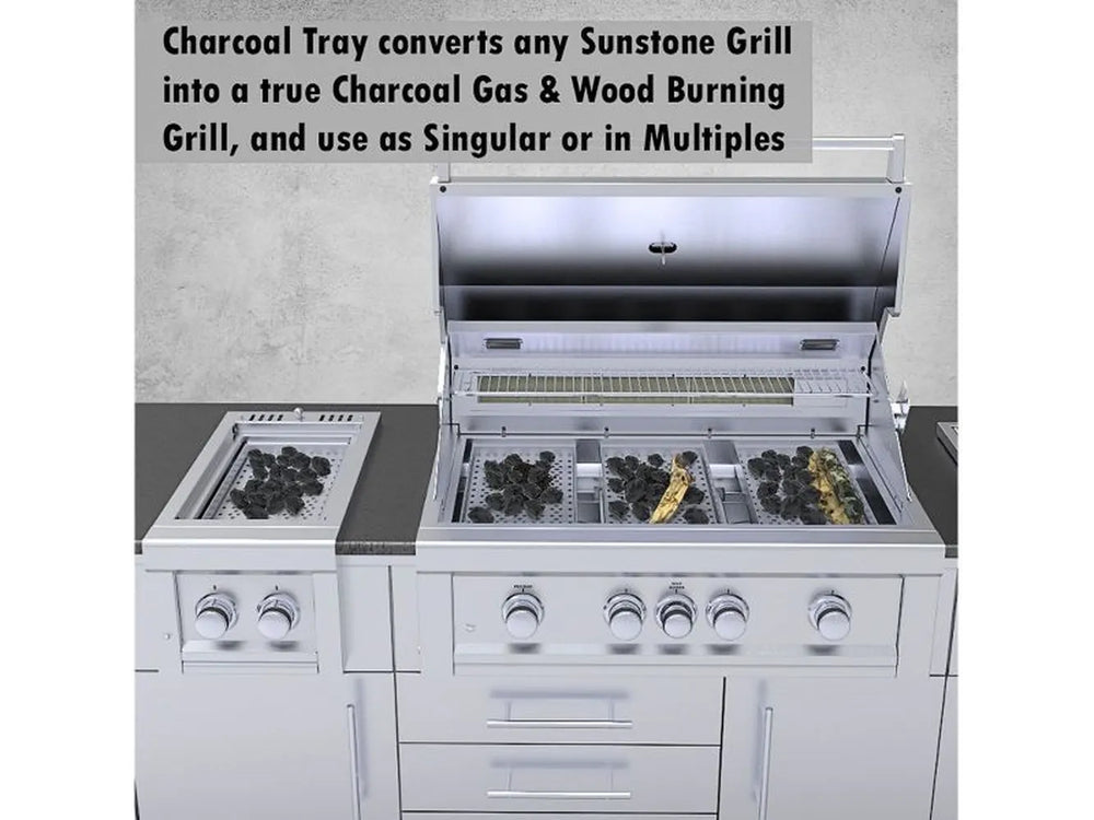 Sunstone charcoal tray insert in a built-in grill, converting gas grill to charcoal and wood-burning setup with multiple trays.