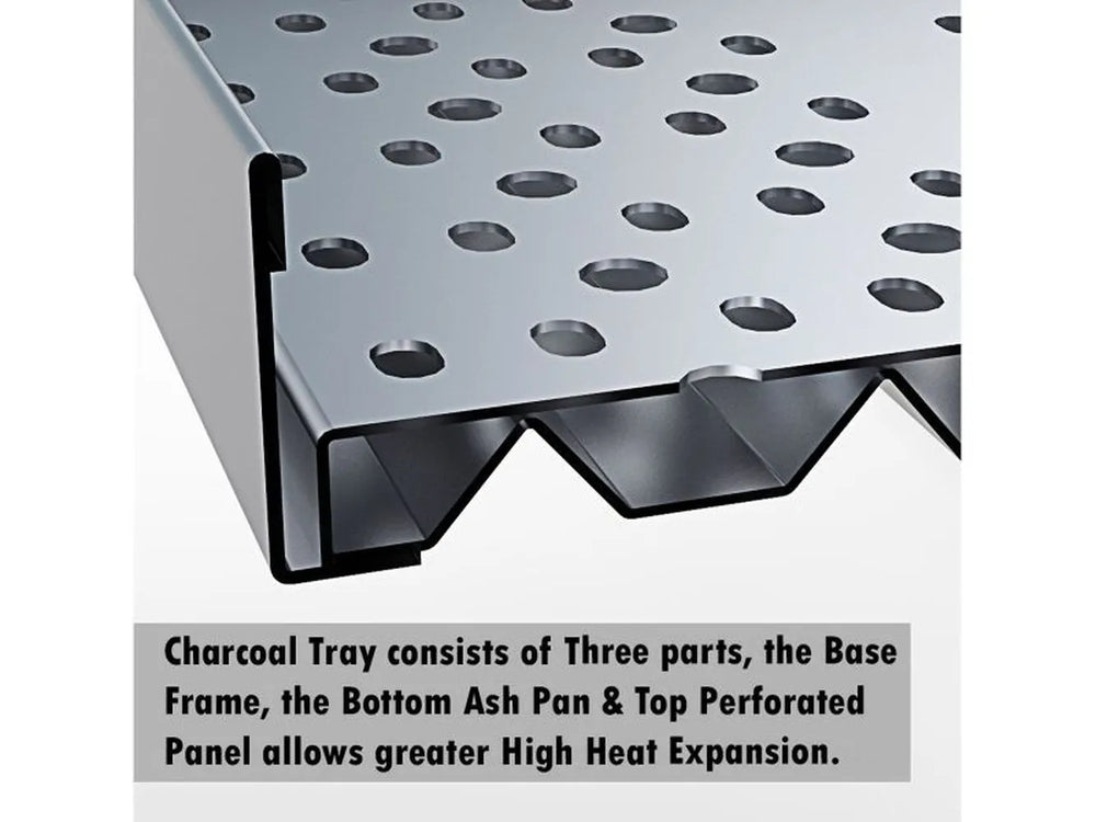 Close-up of Sunstone charcoal tray layers showing base frame, bottom ash pan, and perforated top panel for heat expansion.