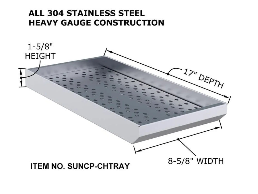 Sunstone SUNCP-CHTRAY charcoal tray with labeled dimensions, 17" depth, 8-5/8" width, and 1-5/8" height.