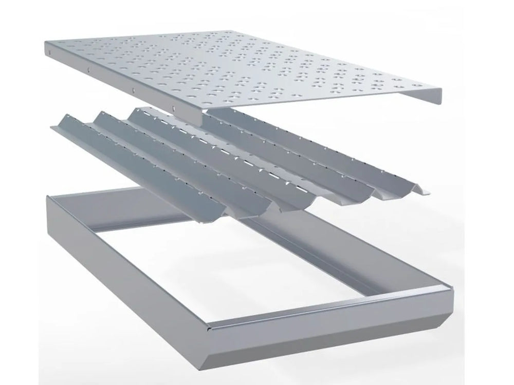 Exploded view of Sunstone charcoal tray showing perforated top panel, channel dividers, and bottom ash pan frame.