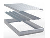 Exploded view of Sunstone charcoal tray showing perforated top panel, channel dividers, and bottom ash pan frame.