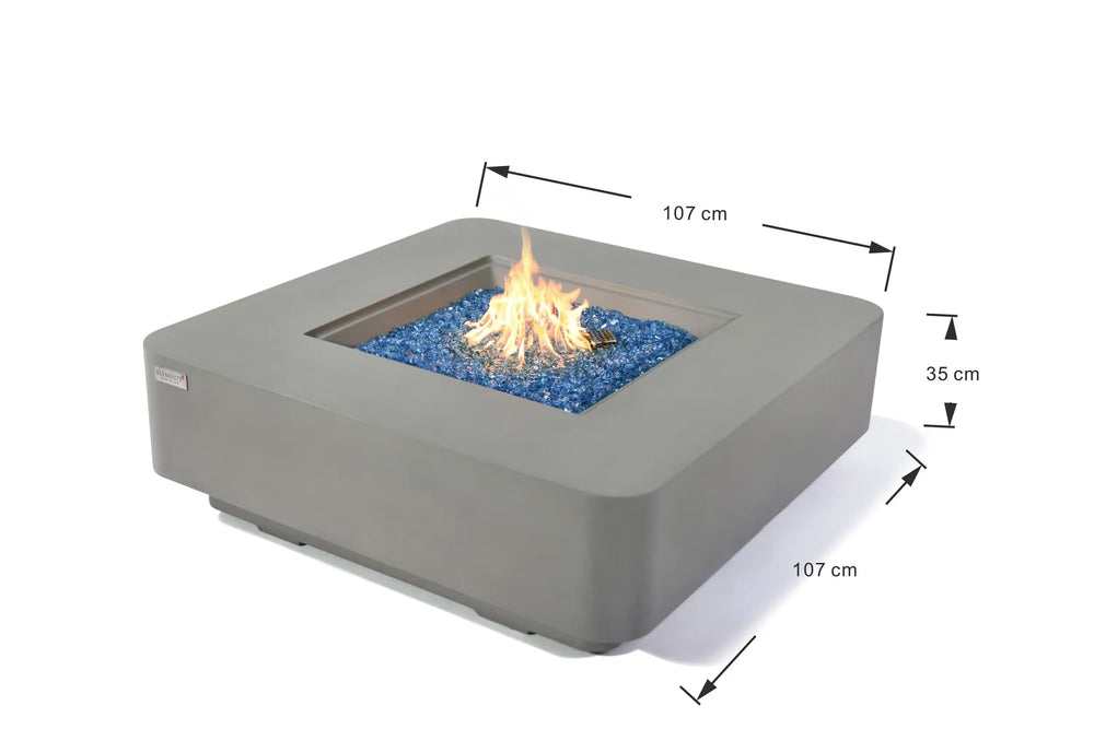 Elementi Plus Lucerne fire table dimensions showing 107 cm by 107 cm footprint and 35 cm height.