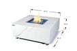 Product dimensions for the Elementi Plus OFP103BW Bianco fire table, labeled with a length of 157.5 cm, width of 76.2 cm, and height of 36.5 cm.