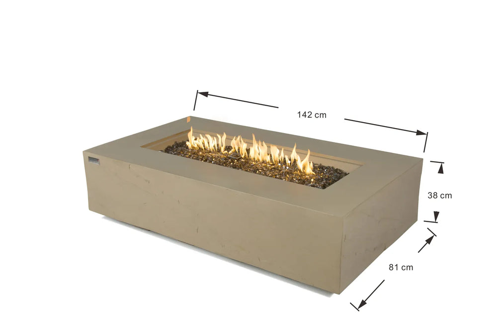 Technical dimension diagram for the Elementi Plus OFG410SY Colorado fire table, indicating a length of 142 cm, a width of 81 cm, and a height of 35 cm.