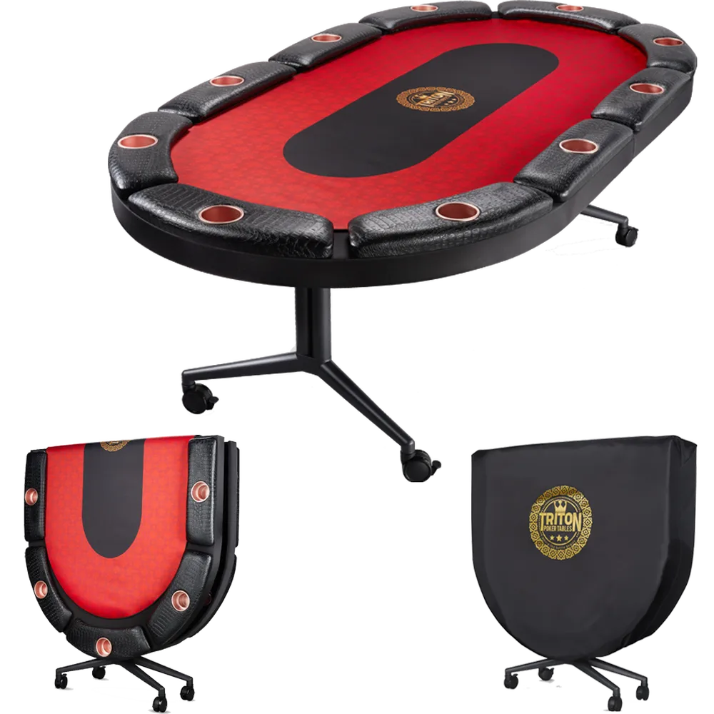 Triton 90-inch premium 10 player folding poker table shown open and folded, featuring red felt, black padded rail, cup holders, wheels, and compact storage design.