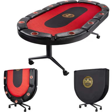 Triton 90-inch premium 10 player folding poker table shown open and folded, featuring red felt, black padded rail, cup holders, wheels, and compact storage design.