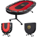Triton 90-inch premium 10 player folding poker table shown open and folded, featuring red felt, black padded rail, cup holders, wheels, and compact storage design.